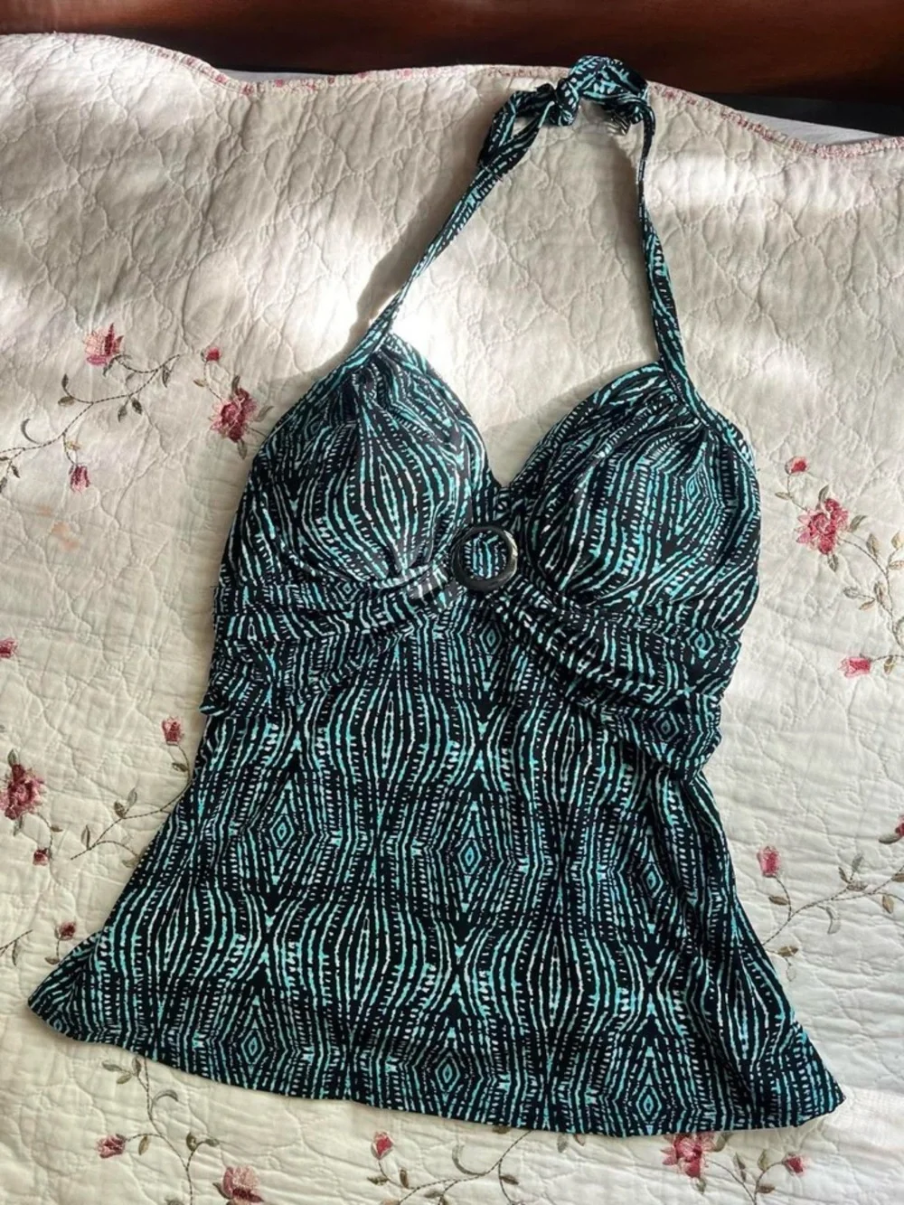 2000s St. John's Bay Teal and Black Patterned Halter Top/Tankini - Picture 8 of 8